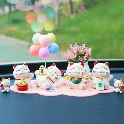 Sürətlər qutusu və əl tormozu başlıqları Fortune Cat Decoration for Car - four-large-fortune-cats-colorful-balls-pink-milan-grass-flower-powder-mat-2-kittens