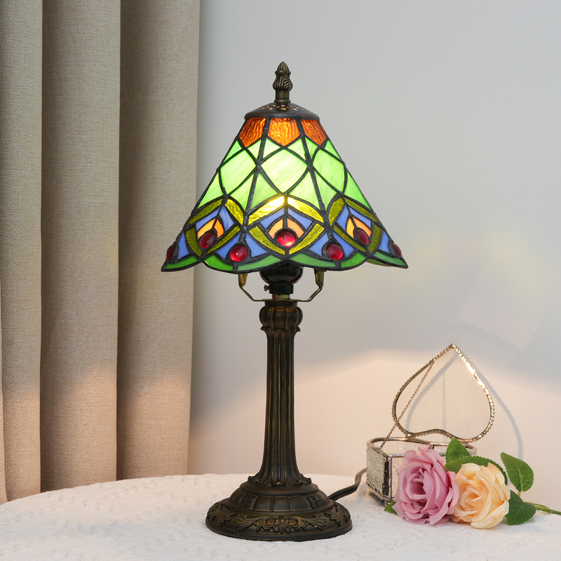 Ouyu Tiffany Colored Glass 8inch Green Peacock Table Lamp Bedroom Bedside Reading Lamp Retro Style Decoration