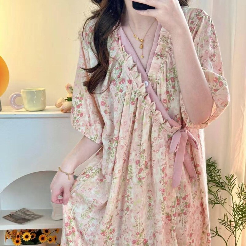 Cloud Cotton Nightgown for Women, Summer Vintage Pastoral Style Floral Long Nightdress, Sleepwear, Bathrobe, Loungewear, Ins Style