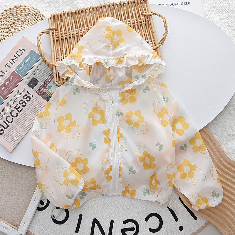 베이비 프린트 자외선 차단 재킷, 얇은 외출, 여아 여름 가디건, 아동 후드 탑, 해변 캠핑 트렌드
