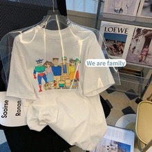 纯棉包领 白色卡通印花短袖T恤女夏季宽松中长款休闲减龄中袖上衣