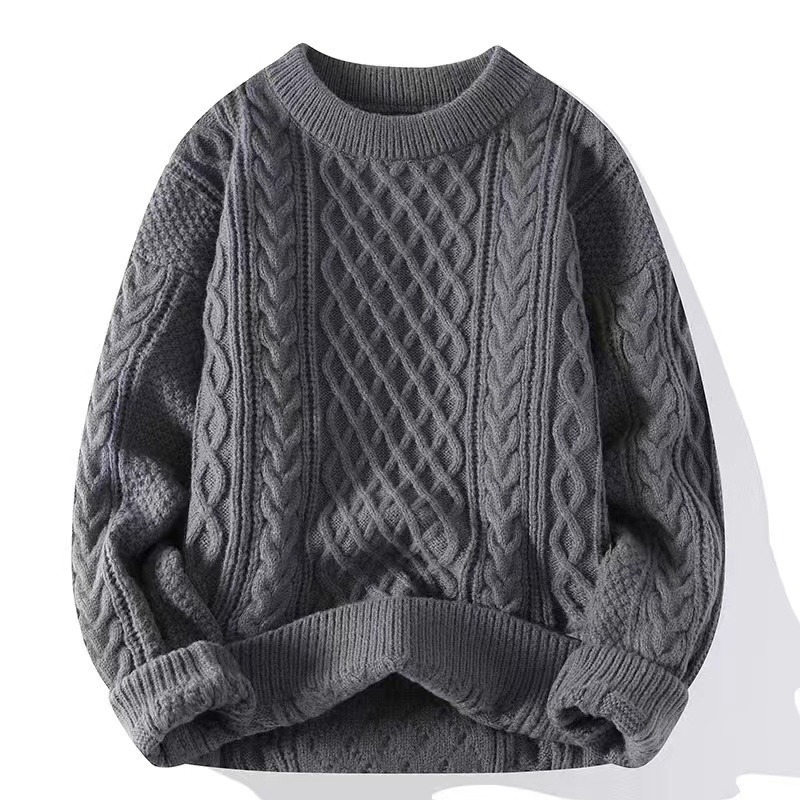 Suéter de cuello redondo de color sólido para hombres texturas de torsión en la camisa de base de invierno y otoño caliente comercio exterior al por mayor transfronterizo image 13
