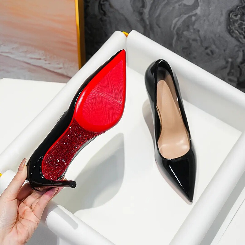 [Red Bottom with Diamonds - Classic All-Inclusive] Sexy Elegant Soft Leather Pointed Toe Shallow Mouth Versatile High Heels Women's Shoes