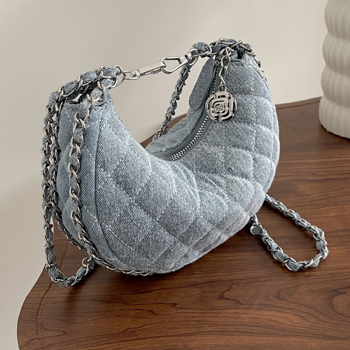 Denim bag women's new  fashion rhombus chain crossbody bag niche summer casual versatile crescent bag