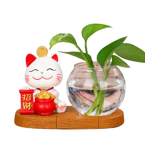 New Lucky Cat Hydroponics Creative Vase Utensils Vase Living Room Desktop Decoration Lucky Cat Green Radish Hydroponics