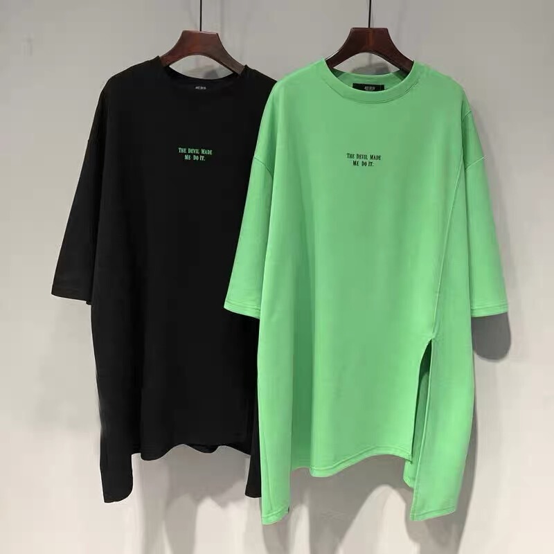 Green Short-sleeved T-shirt Women's Summer Cotton Mid-length Design Sense Niche Loose Mid-length Split Half-sleeved T-shirt