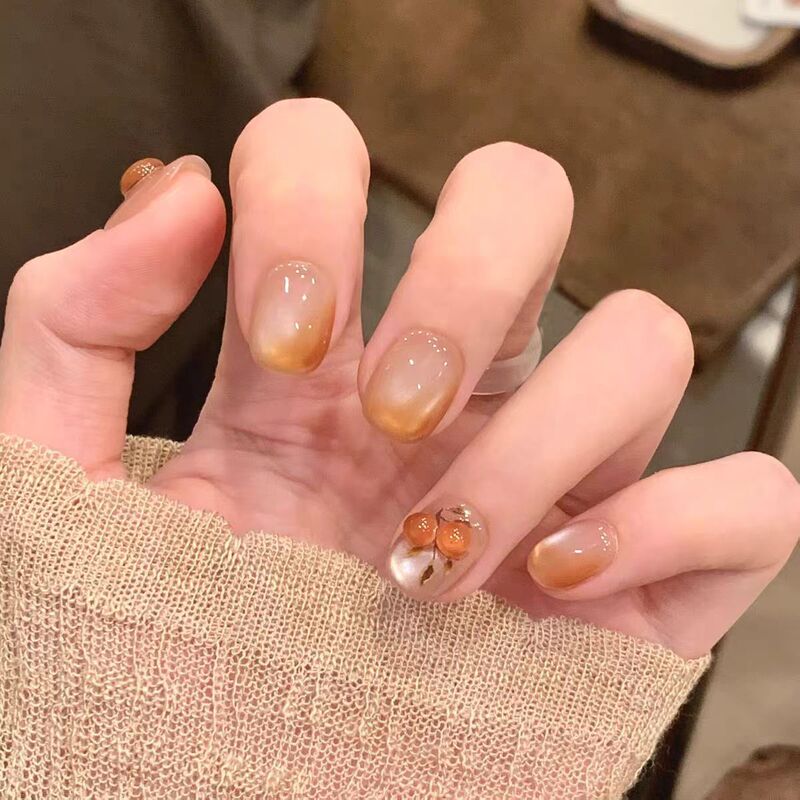 Trendy Cute Hand-Painted Persimmon-Themed Gradient Short Cat-Eye Simple Brightening Press-On Nails Trendy Cute Hand-Painted Persimmon-Themed Gradient Short Cat-Eye Simple Brightening Press-On Nails