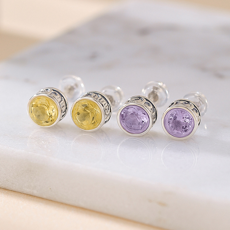 Bông tai bạc S925 đính đá thạch anh tím citrine mặt cắt hình tròn — Kiểu pha lê vàng