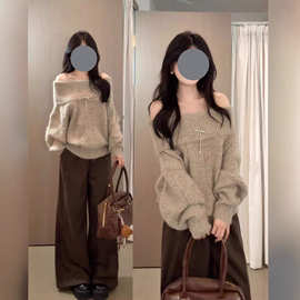 韩系一字肩镂空长袖软糯毛衣女2025秋季设计感宽松显瘦露肩小上衣