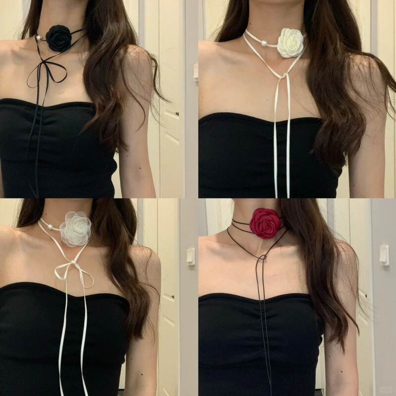 New Korean style white lace three-dimensional camellia flower ribbon hair band temperament neck chain bracelet retro hair tiara