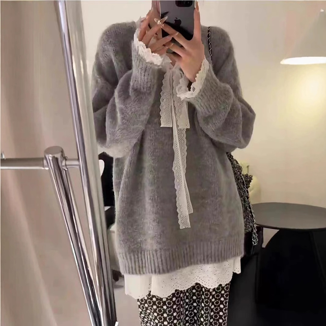 Xijun Grey Faux Two-Piece V-Neck Lace Trim Sweater for Women, Autumn and Winter, Lazy Style, Loose Mid-Length Knitwear