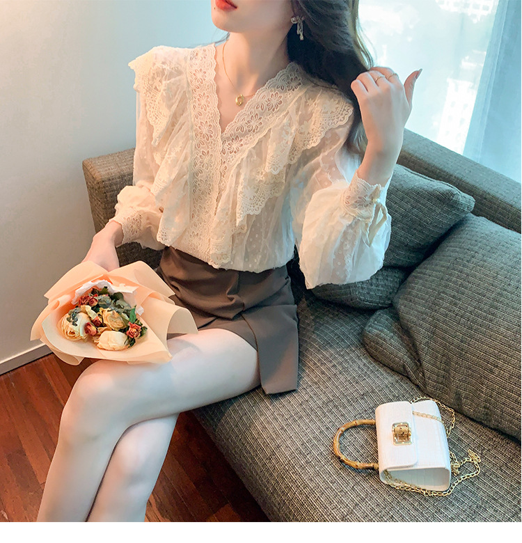 2023春季新款V领荷叶边衬衫女长袖蕾丝衫上衣温柔韩版仙女上衣详情21