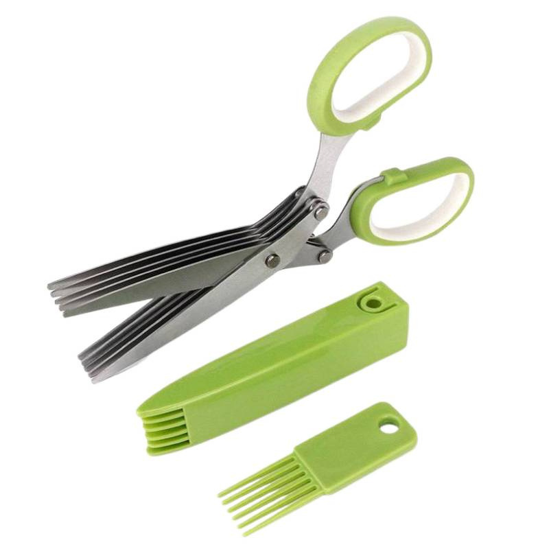 Cocina de cinco capas tijeras de cebolla de acero inoxidable multifuncional de papel triturado tijeras de alimentos de cebolla, cientro, tijeras de alimentos suplementarios para niños