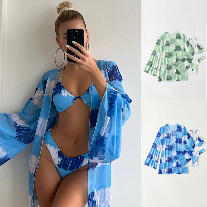 Nieuwe, bedrukte, zonwerende strandstalen driedelige set met meerkleurige cover-up, mesh bikinizwempak_voghion.com