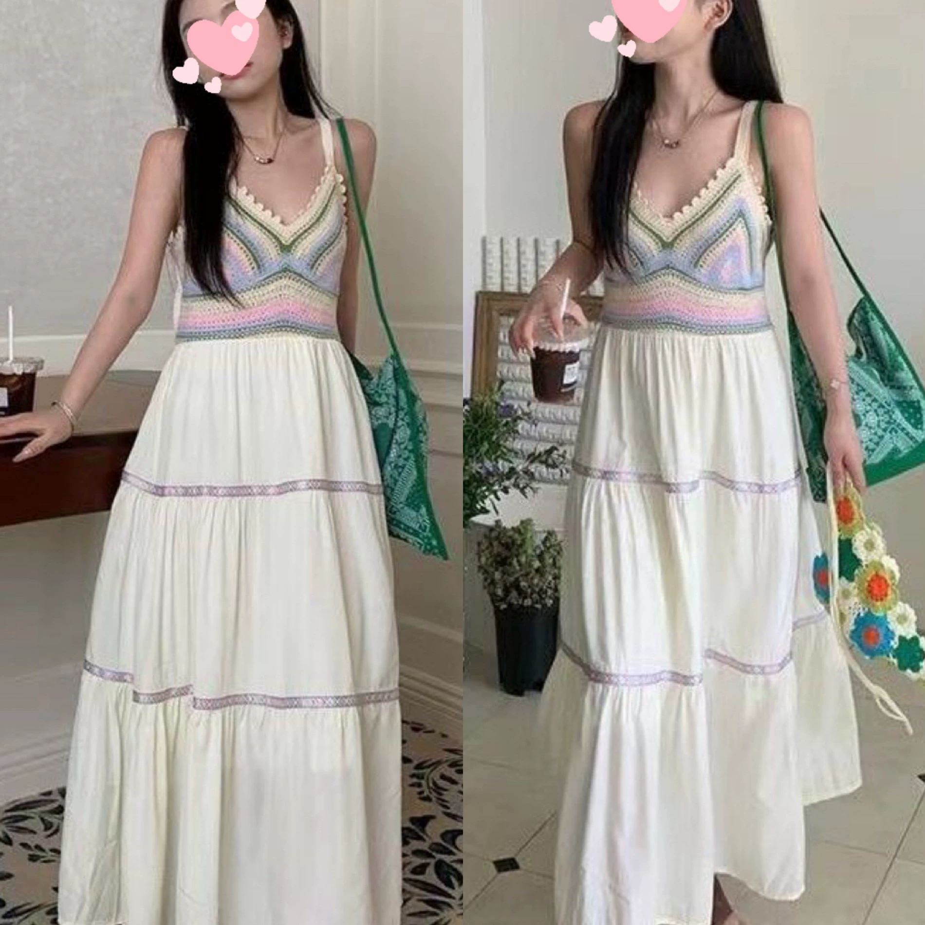 Этнический стиль V-образным вырезом вязание крючком Слинг платье Лето Юньнань Санья Синьцзян Цинхай Туризм фото пляжное платье