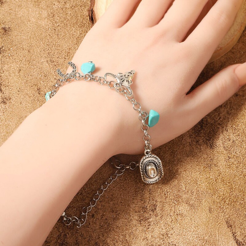 Europe and the United States cross-border western Denim retro ethnic style imitation turquoise alloy cow's head combat boots hat pendant necklace bracelet Europe and the United States cross-border western Denim retro ethnic style imitation turquoise alloy cow's head combat boots hat pendant necklace bracelet