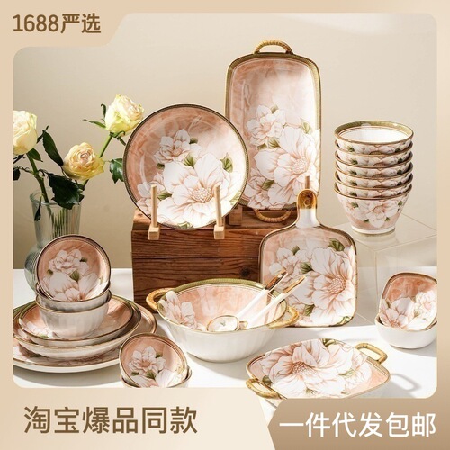 Japanese camellia bowl and dish set high-value underglaze color ceramic tableware wholesale bowl and chopsticks set gift tableware