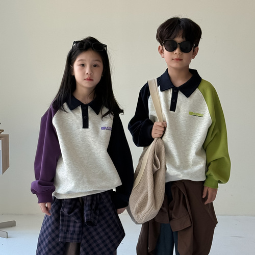 Children's 2025 Autumn Polo Shirt Collar POLO Sweatshirt Korean Style Collared Casual Loose Top for Boys and Girls