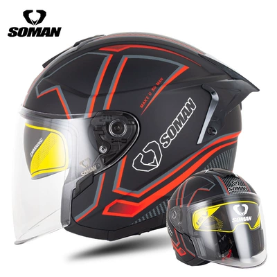 Soman Motorcycle Electric Vehicle Dual-Lens Helmet for Men and Women Outdoor Riding All-Season Three-Quarter Safety Helmet 523 (Motosiklet kaskı (dəbilqə)) - black-red-sky-array-s