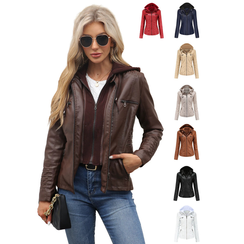 23 European and American cross-border hooded leather jacket two-piece set, detachable plus-size women's leather coat, spring and autumn women's PU washed leather jacket 23 European and American cross-border hooded leather jacket two-piece set, detachable plus-size women's leather coat, spring and autumn women's PU washed leather jacket