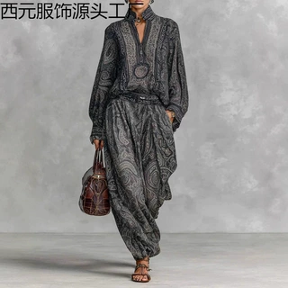 2025春秋新款欧美亚马逊时尚佩斯利花纹复古风格套装