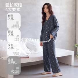 春秋新款紧赛纯棉女长袖长裤开衫V领睡衣时尚休闲女家居服图片色