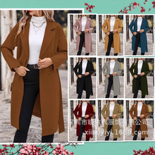 跨境外贸2025新款秋冬休闲百搭外套保暖西装领黑色加长款呢子大衣