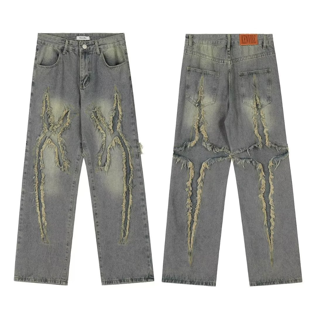 American High Street vintage jeans hombres Vibe desgastado parche diseño de pierna ancha pantalones casuales Pantalones rectos sueltos moda