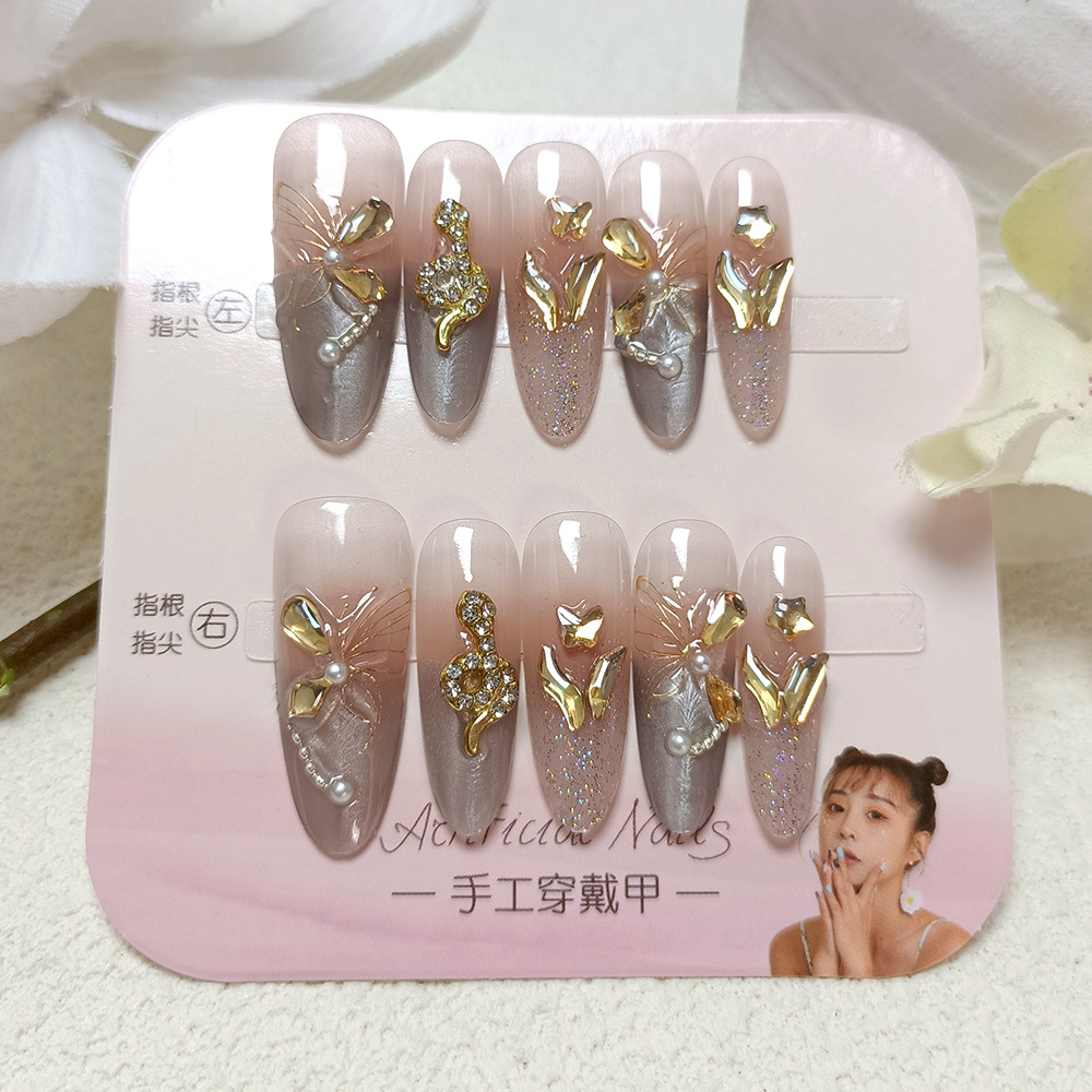 10 piezas de decoración de uñas con diseño de serpiente dorada, pegatinas de uñas con diamantes de imitación a la moda, uñas postizas de alta gama con efecto ojo de gato hechas a mano.