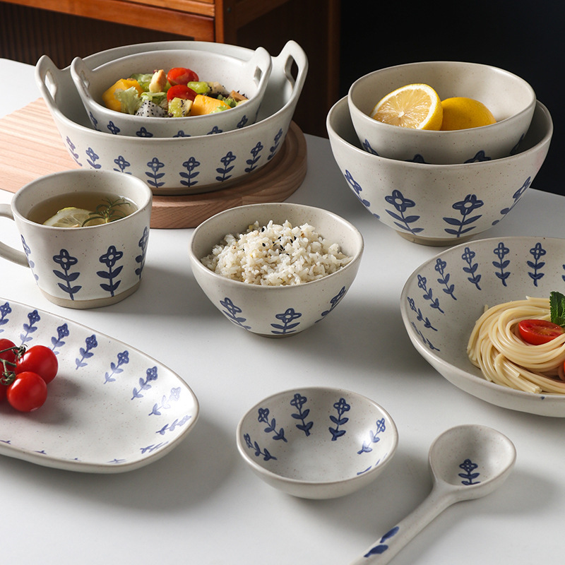 Rustic Pottery Tableware Ceramic Bowl Household Dish Set High-Value Japanese Retro Rustic Pottery Soup Plate Deep Plate Large Soup Bowl