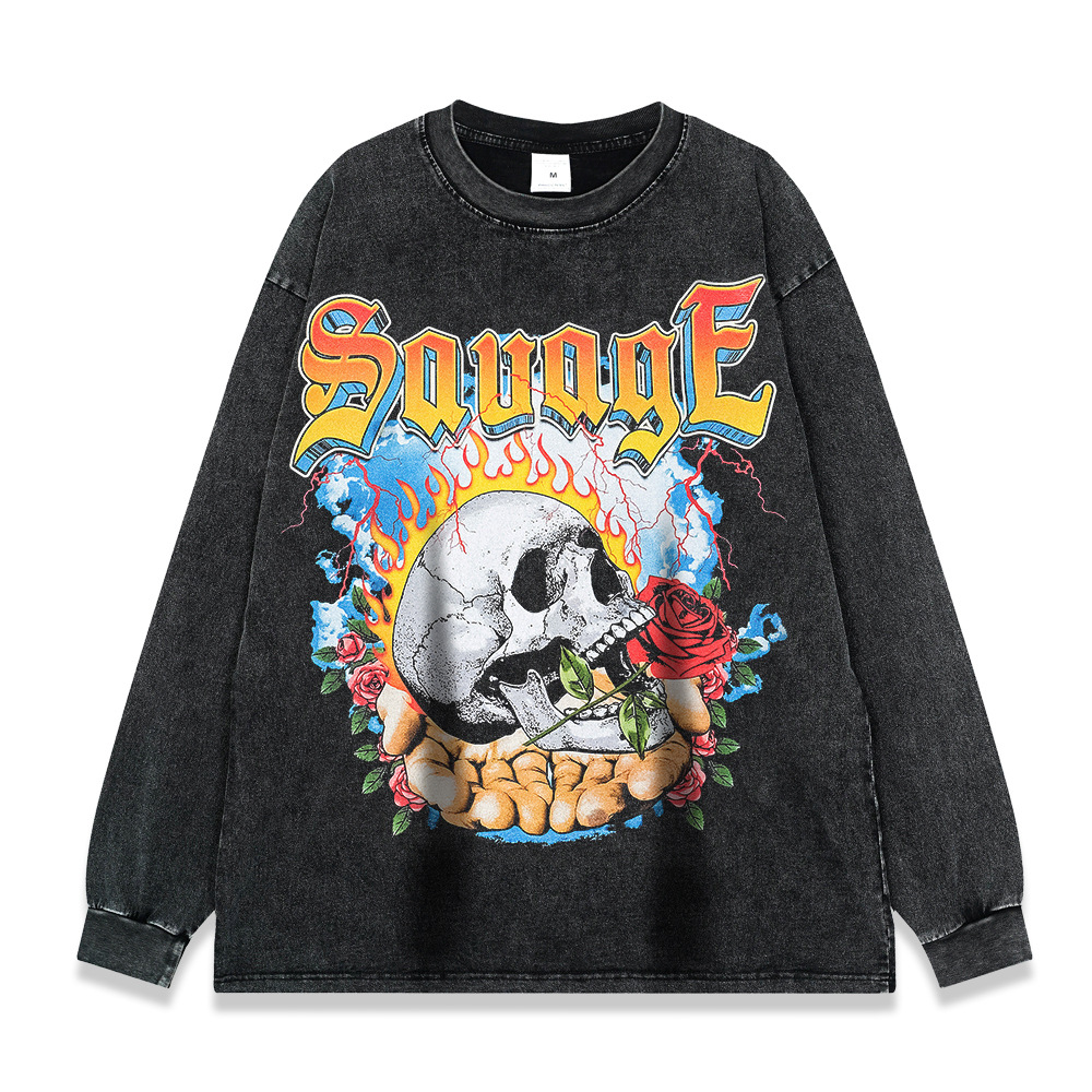 260g pesado copo de nieve frito de manga larga Camiseta americana retro alta calle moda marca suéter suelta Otoño e Invierno de los hombres y las mujeres de fondo