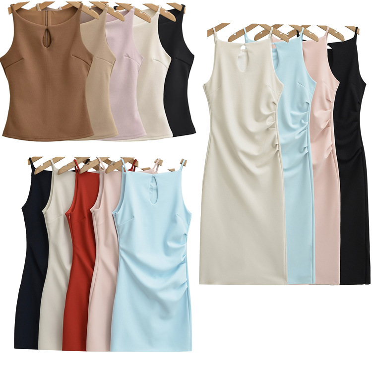 Designed Hollow-Out Tank Top Dress with Straps for Women, 2025 Summer, Elegant Waist-Cinching Pleated Bodycon Long Skirt and Short Skirt