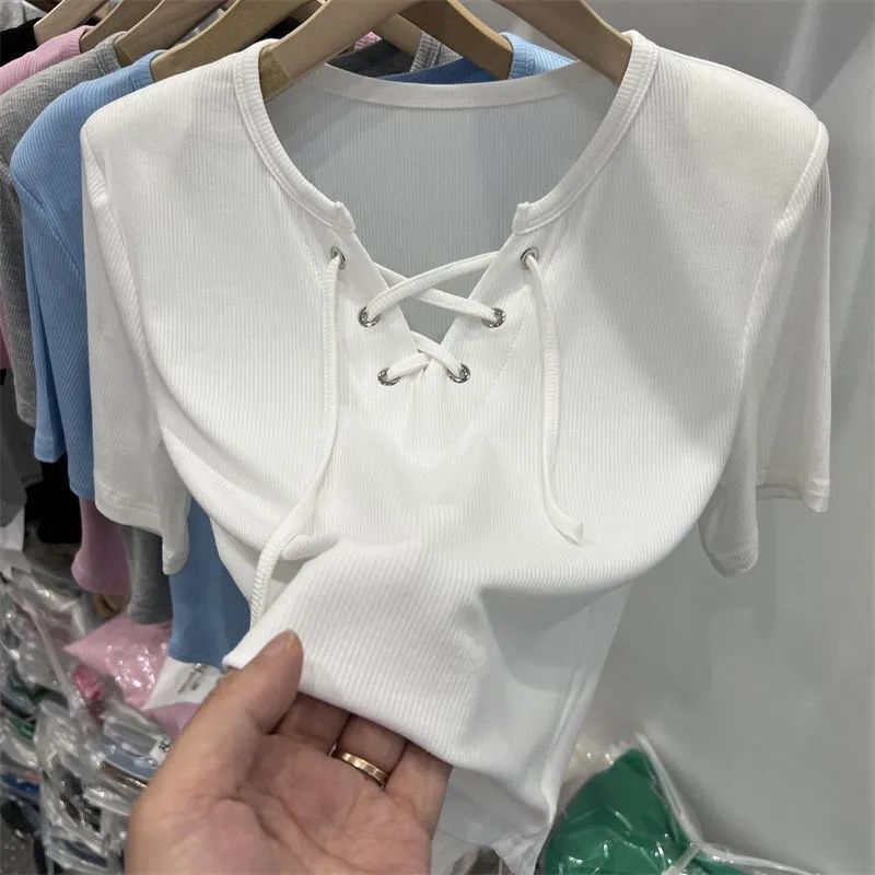 Design Sense Niche Strap Threaded Short-sleeved T-shirt Women's Summer Wear Korean-style New Slim-fit Western-style Arc Shirt Top Design Sense Niche Strap Threaded Short-sleeved T-shirt Women's Summer Wear Korean-style New Slim-fit Western-style Arc Shirt Top
