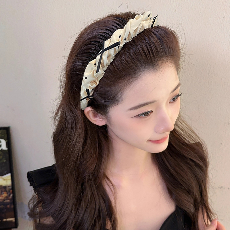 2025新款蝴蝶结褶皱黑白波点发箍女法式复古高颅顶显脸小头箍发卡|undefined