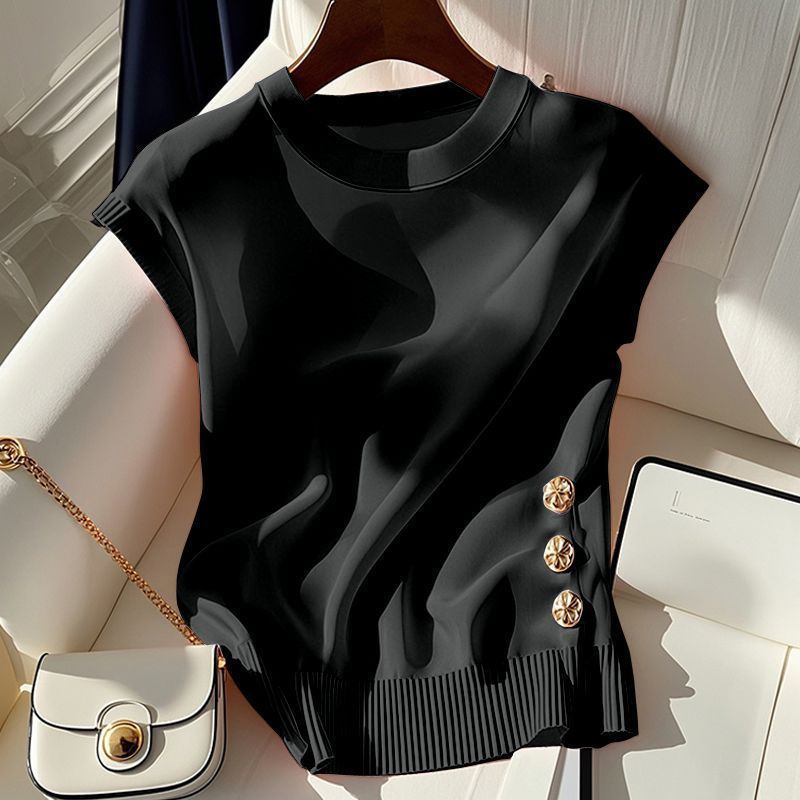 Women's Light Luxury Pink Knit Top Round Neck Sleeveless T-Shirt French Style Summer Chic Fashion For Youthful Women_voghion.com