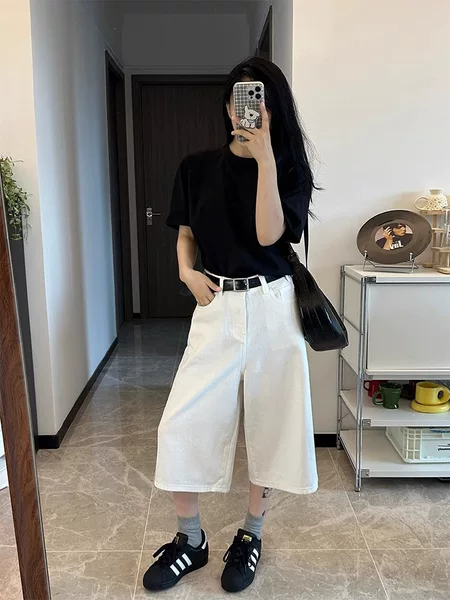 White High-Waisted Straight-Leg Jeans for Women, Summer Thin Plus-Size Cropped Pants, Loose Wide-Leg Versatile Casual Cropped Pants