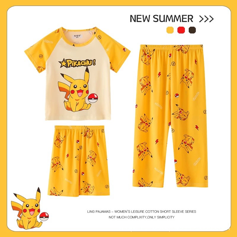 Summer Children's Pajamas Boys Short-sleeved Trousers Three-piece Suit Girls' Air-conditioning Clothing Baby Cartoon Boys' Home Clothes