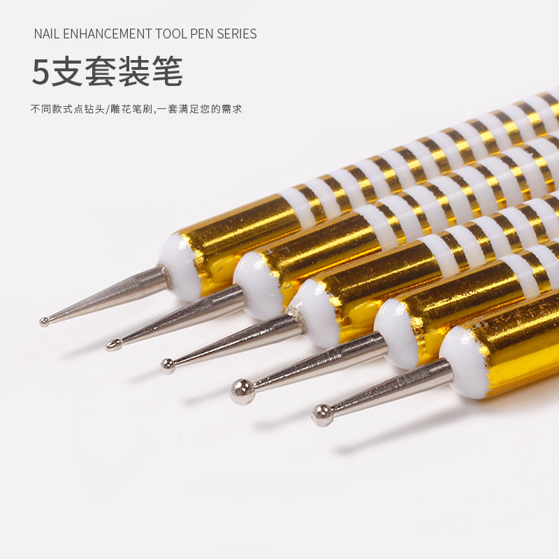Juego de bolígrafos de herramientas de uñas de estilo japonés, bolígrafo de abalorios, bolígrafo de hilo de fototerapia de doble cabezal, aguja de flores de punto, 5 paquetes para salón de uñas