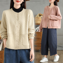 实拍2024秋冬新品宽松显瘦圆领长袖拼接纯色中式外套卫衣女