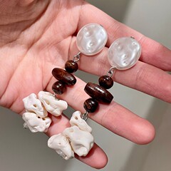 复古民族风咖色系木质串珠耳钉巴洛克异形珍珠耳环废土风耳饰耳坠
