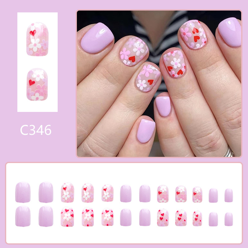 False Nails Square Press On Nails Pink Flower Design 24 Pieces_voghion.com
