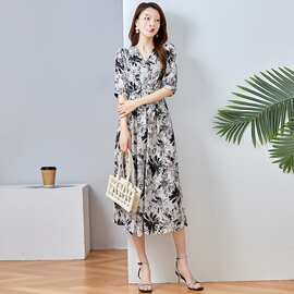 桑蚕丝夏款气质女士连衣裙印花V领少女风短袖收腰过膝长裙