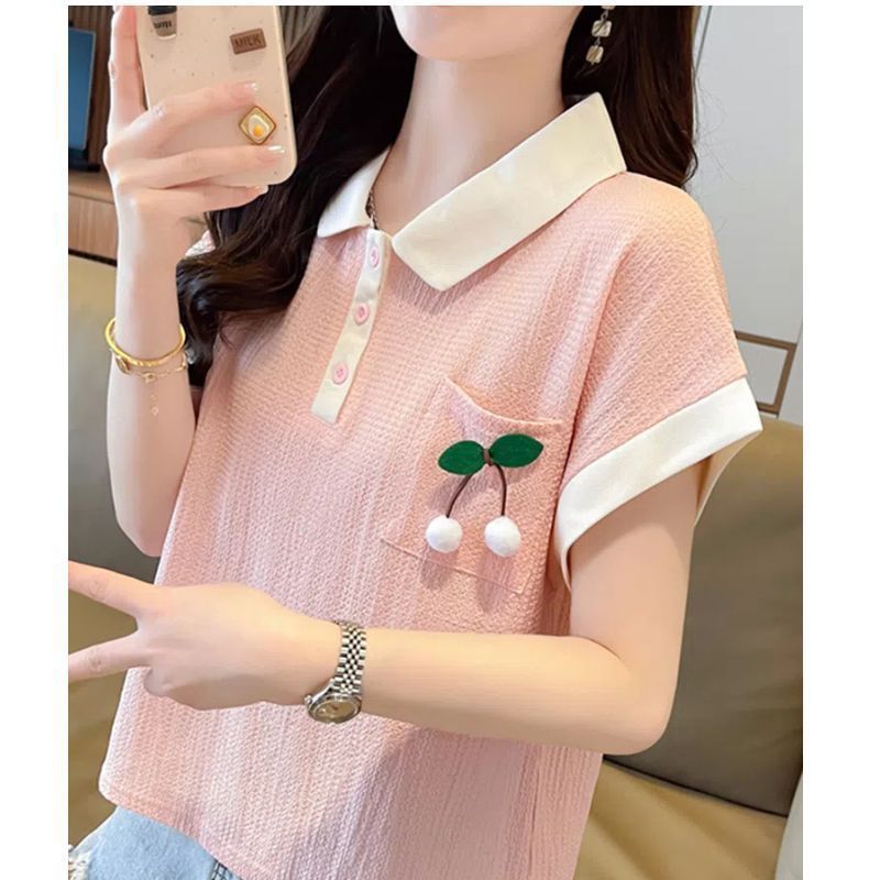 Tops de cuello de polo de bolsillo de color de contraste de textura de gran tamaño para mujer 2024 verano nuevo estilo suelto y delgado camiseta de manga corta para mujer