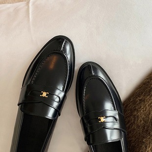 All cowhide ~ retro style small gold buckle genuine leather loafers women's round toe flat shoes slip-on chunky heel leather shoes
