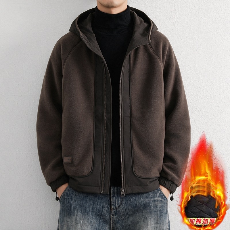 青年男士时尚潮流拼接摇粒绒连帽棉衣26冬季加绒加厚保暖大码外套