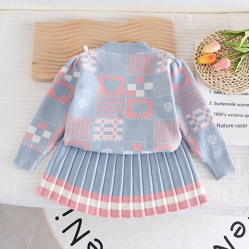 Baby Girl Sweater Set Dress Spring and Autumn New Knit Two-Piece Set Cute Geometric Pattern Wool Dress Foreign Trend