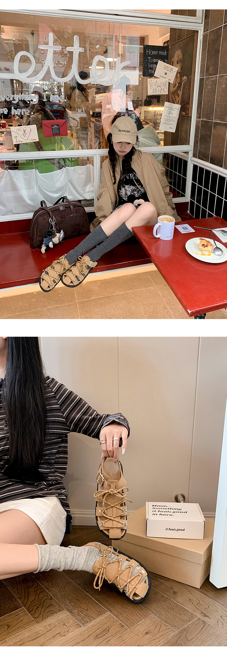 Sandal nữ đế dày dệt quai chéo phong cách La Mã, mũi bít khóa thắt lưng — màu nâu chi tiết 14