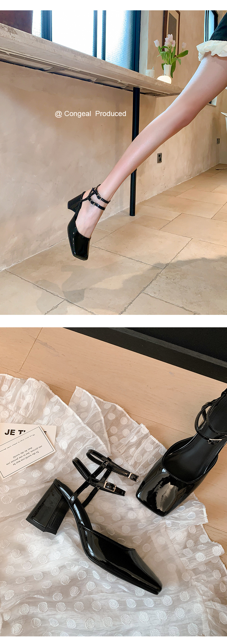 Giày sandal cao gót nữ mũi vuông bít mũi quai ngang gót thô da thật — Màu đen chi tiết 16