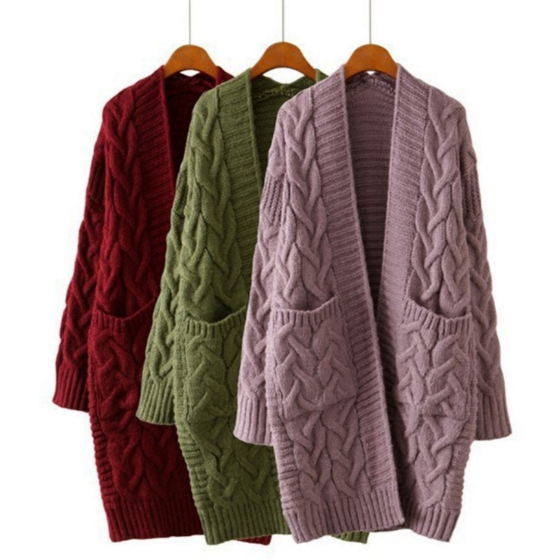 Cross-Border Foreign Trade Women's Sweater Coat 2025 Autumn and Winter New Korean Style Loose Twist Pure Color Mid-Length Knitted Cardigan Cross-Border Foreign Trade Women's Sweater Coat 2025 Autumn and Winter New Korean Style Loose Twist Pure Color Mid-Length Knitted Cardigan