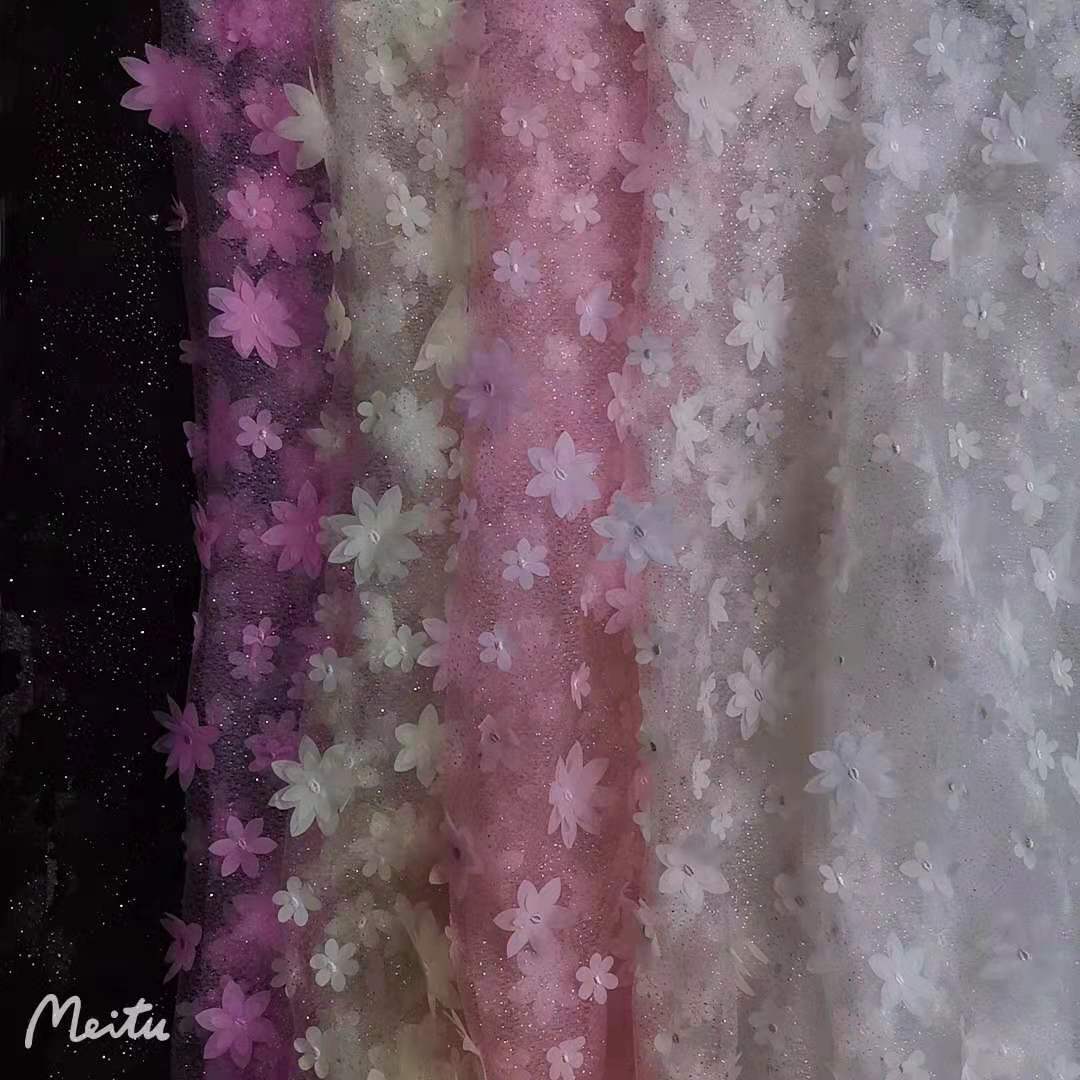 【厂家直销】无弹钻石网点点印金粉加雪纺大小贴花 仙款裙装面料